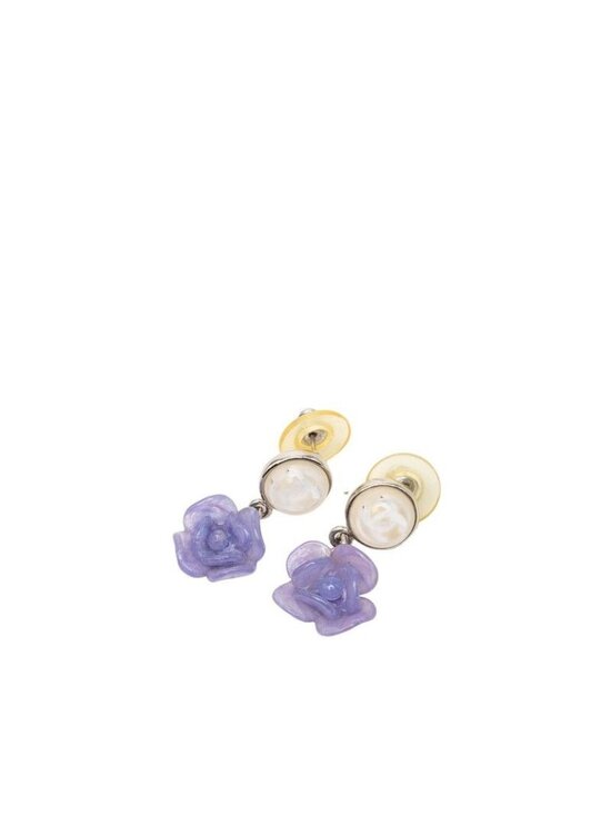 Chanel CC Logo Camellia Earrings Silver Purple Metal Plastic display picture 3